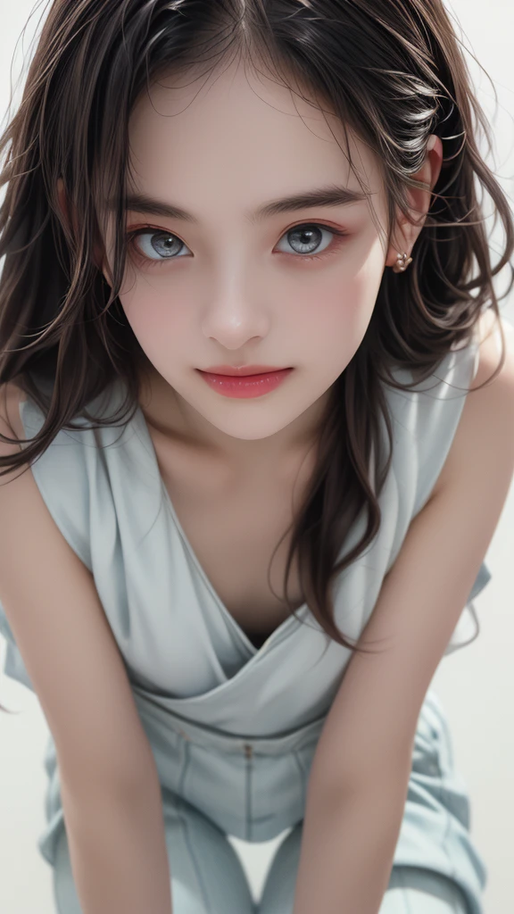 score_9, score_8_up, score_7_up, (highest quality, 8k, 32K, masterpiece), (RAW photo), (realistic), (Photoreal:1.2), (High resolution), Super detailed, perfect light, (soft studio lighting:1.3), (highest quality, 8k, oil paint:1.2), (realistic, realistic:1.37), bright colors, sharp-focus, bokeh, professional photo, masterpiece, hyper-detailed, realistic, correct anatomy, perfect anatomy, 1girl, stylish hairstyle, (absurdly long hair:1.5), (gentle smile), laughing, (naughty face), very beautiful face and eyes, natural_makeup, slim, slender, shiny hair, (flat_chest), (highest quality, high detail, rich skin details), (leaning forward), upper body, breasts, looking at viewer, navel, full body, skindentation, contrapposto, Silver Dress,  (pelvic curtain:1.3), Revealing clothing, erotic pose, (slim, teen, young, skinny, thigh gap, crotch gap, narrow hips, slim legs, incredible perfect round ass), simple background, white background, Abstract Beauty, Center, (Eyes looking at camera:1.5), Dynamic angle