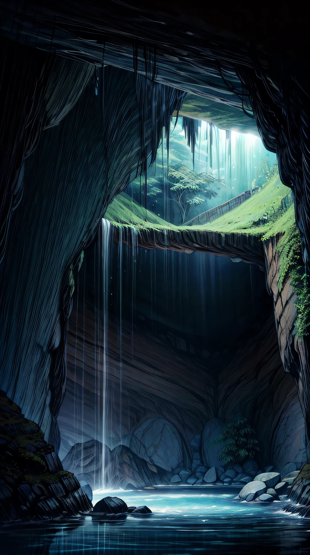 A tranquil cave at night, with a pool of water,  soft light enters through a small opening above.