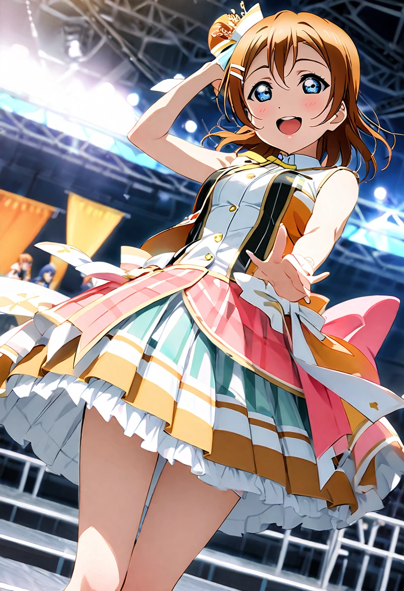 (((Pixel Perfect, Perfect detail))), (woman),(slender body, Medium Breast), (((Underskirt angle view, I can see her panties,))), Alone, Solo Girl, Honoka Kosaka, 1, (idol costume, Love Live Miracle Live School Festival 2 Private Nijigasaki Academy, : 1.5), Viewer Perspective, smile, , MS, Love Live!!! ,stage, sing, (White panties:1.3), (Cotton panties), (詳細でPerfect detailのパンティ), (Frill Panties: 1.3), (upskirt:1.3), (blue eyes, Detailed Shadows, Detailed face, Orange Hair, One-sided ponytail, Short Hair), ((Thigh-high white socks with grey ruffles on the top:1.3)), (From below),