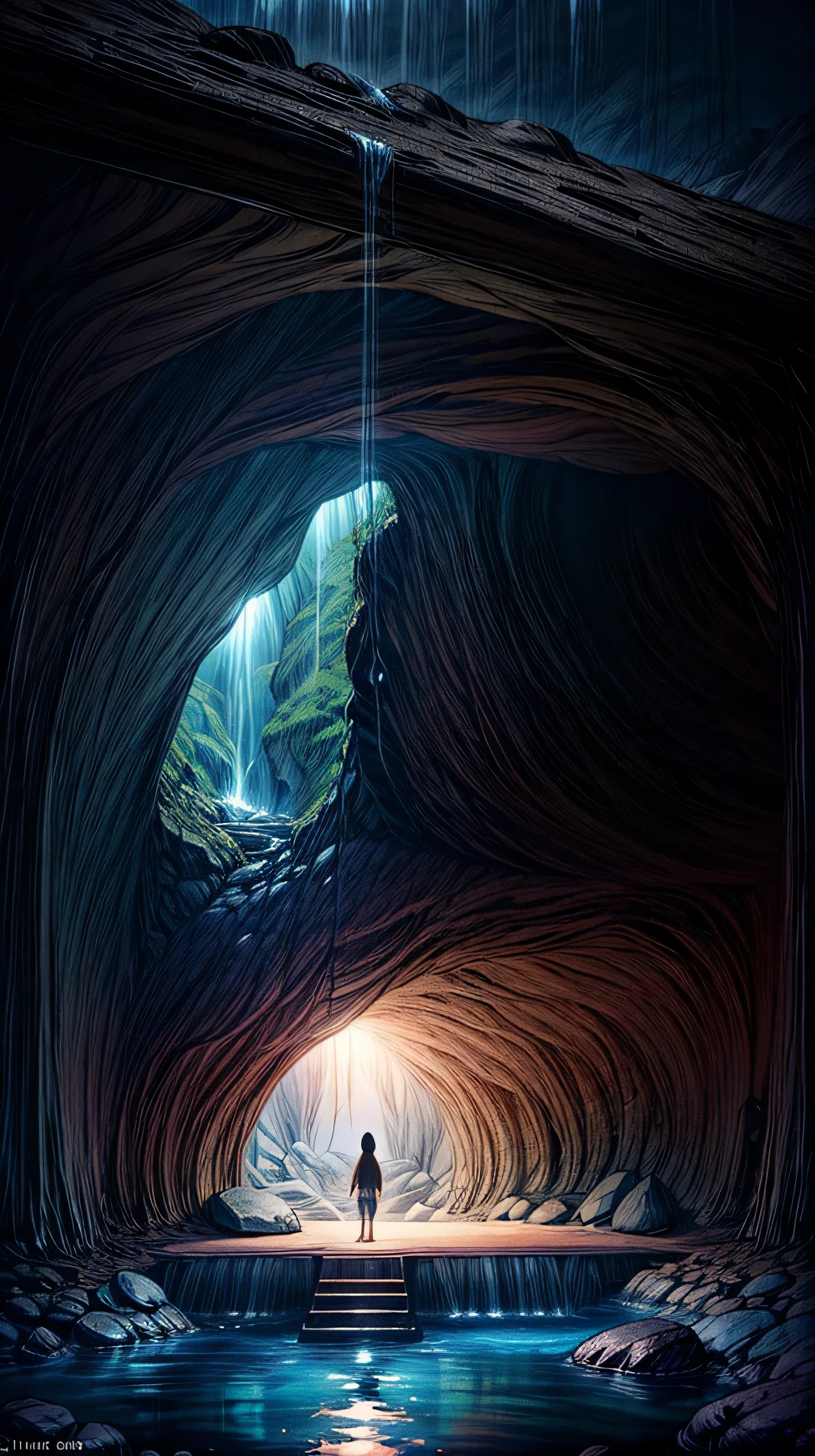 A tranquil cave at night, with a pool of water,  soft light enters through a small opening above.