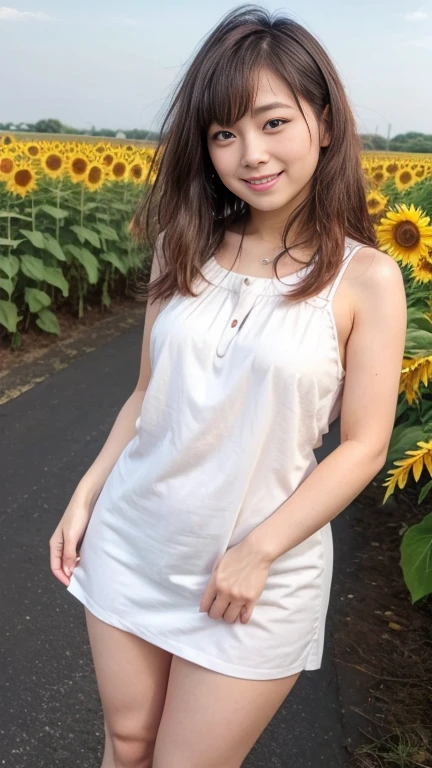 cowboy shot,Ultra-high resolution,big eyes,(brown eyes),Japanese,(forehead),(a girl),(1 girl),(()),((cute)),pretty,((facing at viewer)),arms behind back,grin,outdoor