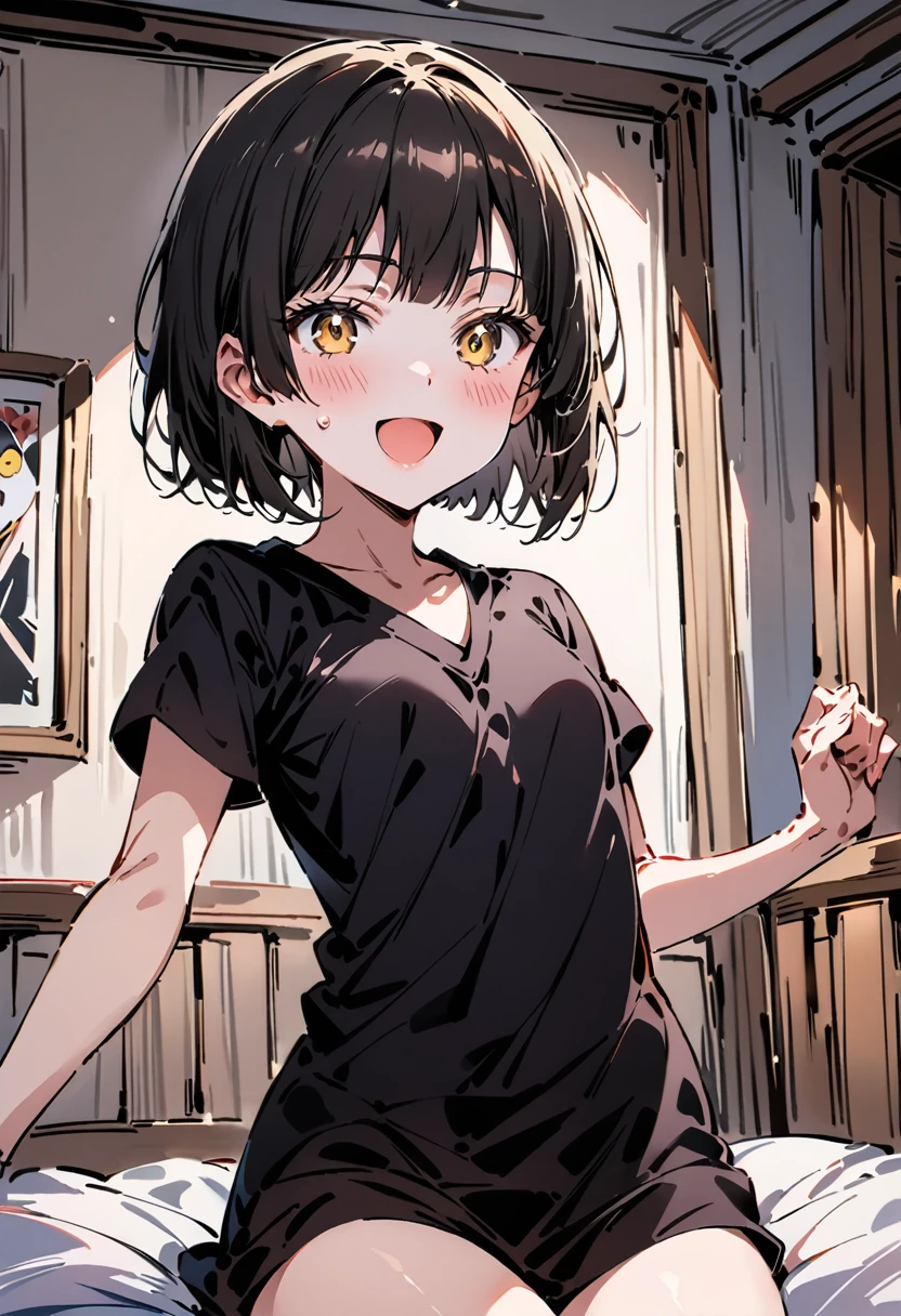 ((Best Quality)), ((masterpiece)), (be familiar with), Perfect Face, indoor, bedroom, Watching the audience,
One woman, Mio,
Open Mouth, Ecstatic expression, blush, smile,
Small breasts, Flat Chest, , , child, Girl,
Short Hair, Short Hair,
Leg spread,