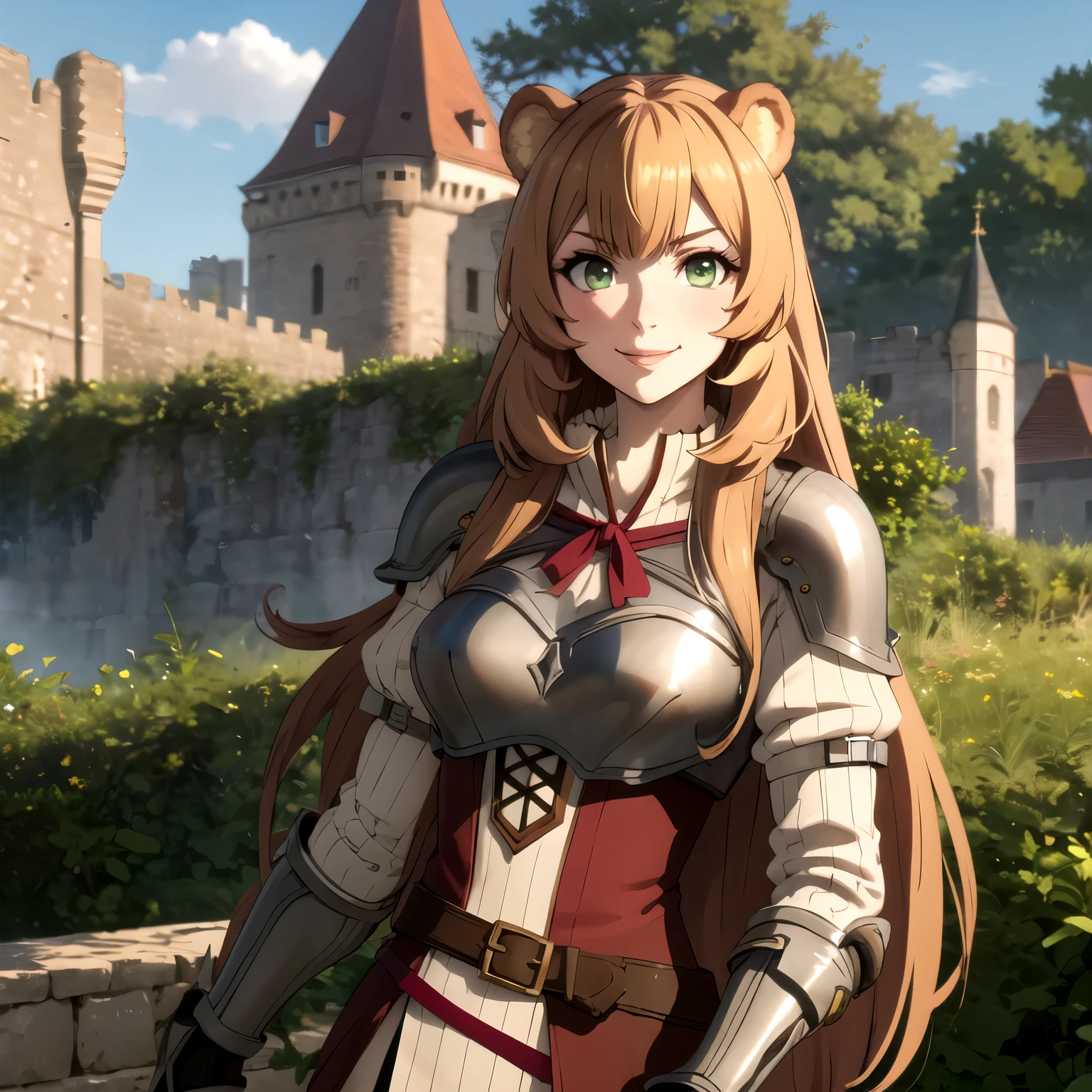 Raphtalia woman , blonde, blonde hair , bear ears, lemon green eyes,  pechos grandes, escote, evil smile, wearing low-cut armor against a castle. sharp eyes. 1 sola mujer.