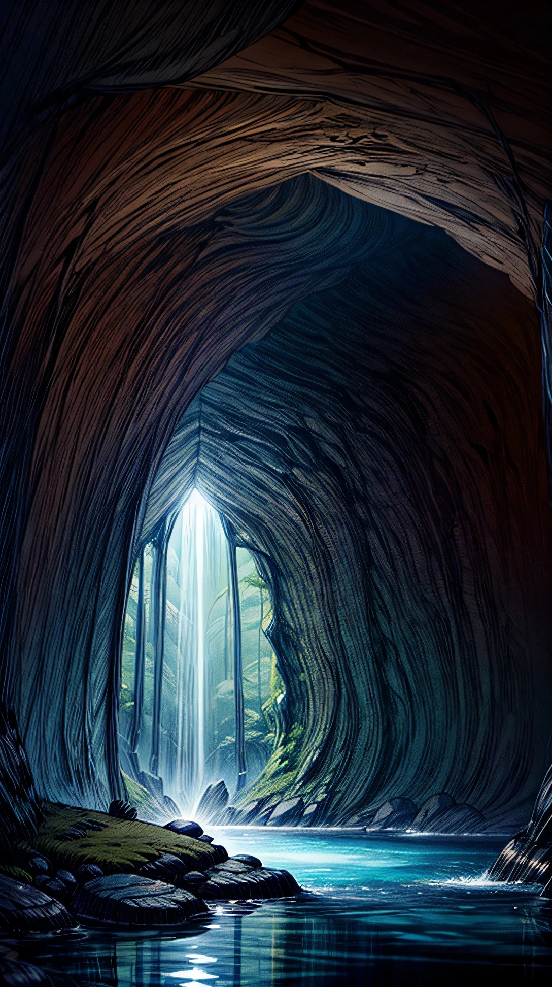A tranquil cave at night, with a pool of water, soft light enters through a small opening above.