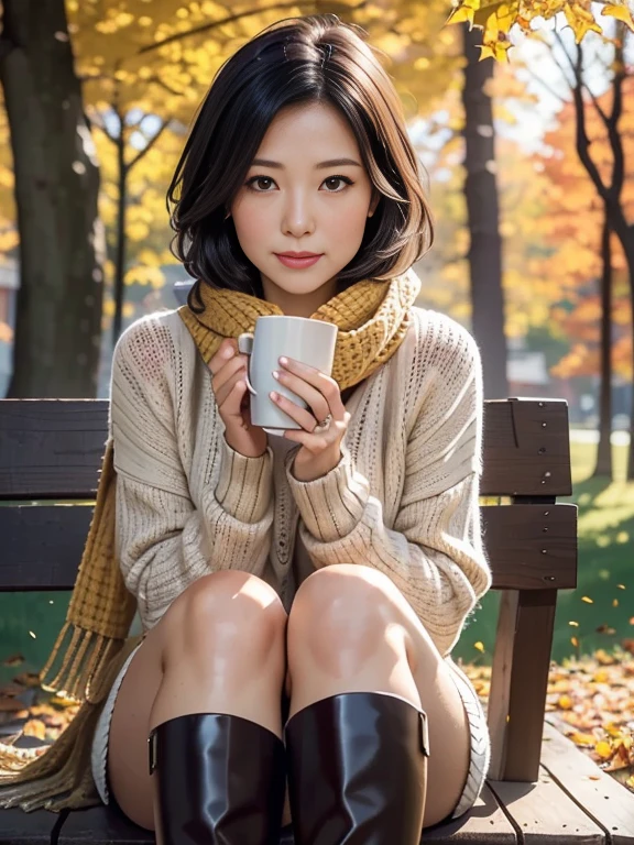 (Best Quality,4K,8k,High resolution,masterpiece:1.2),Very detailed,(Realistic,Realistic:1.3),Beautiful autumn holidays,Japanese Wife、Quiet atmosphere,秋のautumn leaves,Cozy atmosphere,Warm sunshine,Golden Leaf,Fresh air,Rustic wooden bench,autumn leaves,((Earth-toned scarves,Soft sweater,Long boots)),Bob Hair、Enjoy a cup of hot coffee,The faint sound of leaves,Quiet Moments,A kind smile,,Looking at the beautiful scenery,Leaves dancing in the wind,Gentle sunlight shining into the forest, Blissful Leisure, Autumn sunlight,Serene atmosphere,,Harmony with Nature,Perfect setting,Autumn color palette,Amber tint,Subtle orange and yellow,Red and brown accents,Calm expression,Rich Nature,Vibrant colors,Soft Shadows,Autumn Light、A gentle gaze、Middle-aged skin
