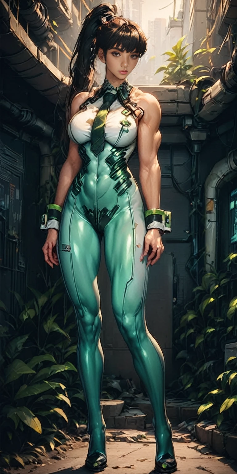 eve (stellar_blade), solo, bodysuit, necktie, abandoned cyberpunk city overgrown with plants, standing, looking at viewer, shiny clothes, skin tight, full body, bare shoulders, lips, green necktie, large breasts, muscular body, wrist cuffs, shiny, sleeveless, high heels, BREAK , zPDXL, score_9, score_8_up, score_7_up, score_6_up, score_5_up, score_4_up