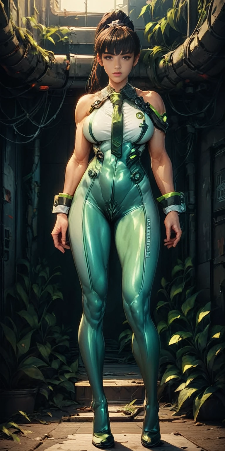 eve (stellar_blade), solo, bodysuit, necktie, abandoned cyberpunk city overgrown with plants, standing, looking at viewer, shiny clothes, skin tight, full body, bare shoulders, lips, green necktie, large breasts, muscular body, wrist cuffs, shiny, sleeveless, high heels, BREAK , zPDXL, score_9, score_8_up, score_7_up, score_6_up, score_5_up, score_4_up