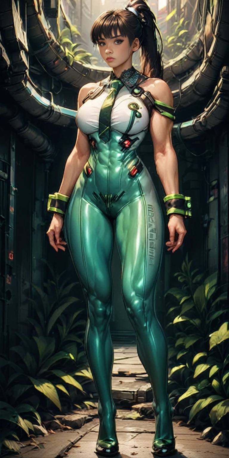 eve (stellar_blade), solo, bodysuit, necktie, abandoned cyberpunk city overgrown with plants, standing, looking at viewer, shiny clothes, skin tight, full body, bare shoulders, lips, green necktie, large breasts, muscular body, wrist cuffs, shiny, sleeveless, high heels, BREAK , zPDXL, score_9, score_8_up, score_7_up, score_6_up, score_5_up, score_4_up