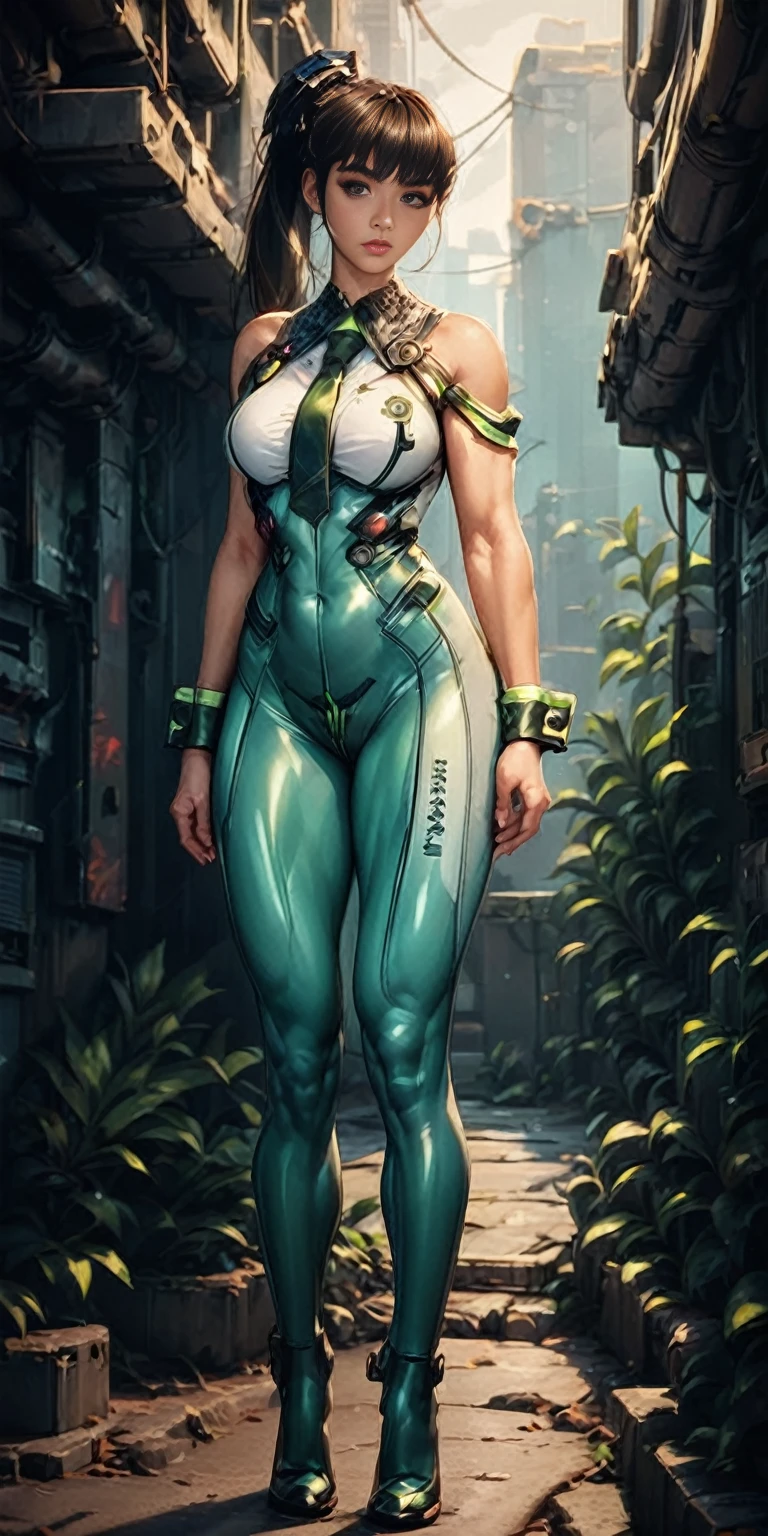 eve (stellar_blade), solo, bodysuit, necktie, abandoned cyberpunk city overgrown with plants, standing, looking at viewer, shiny clothes, skin tight, full body, bare shoulders, lips, green necktie, large breasts, muscular body, wrist cuffs, shiny, sleeveless, high heels, BREAK , zPDXL, score_9, score_8_up, score_7_up, score_6_up, score_5_up, score_4_up