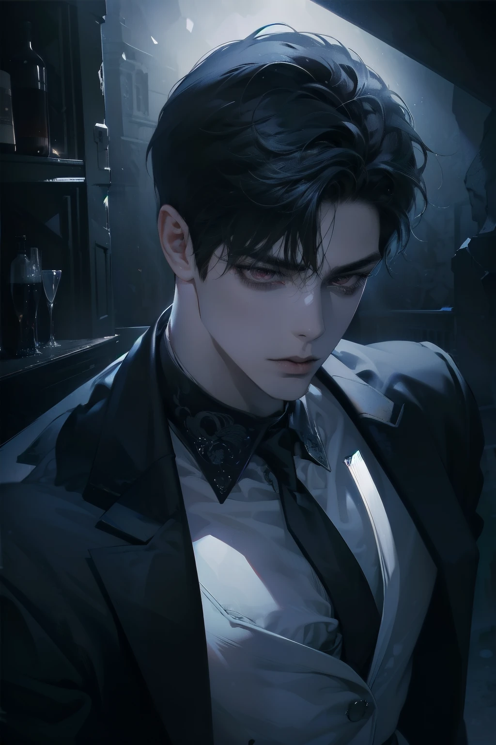 ((1 bartender boy with red eyes)), ((black hair)), (toned body), hyperrealistic, 8k, detailed facial features, cinematic lighting, dramatic shadows, moody photography, moody atmosphere, dark and gritty, dramatic lighting, rich color palette, chiaroscuro, intricate details, award winning photography, ((dynamic angle)), ((dynamic pose))