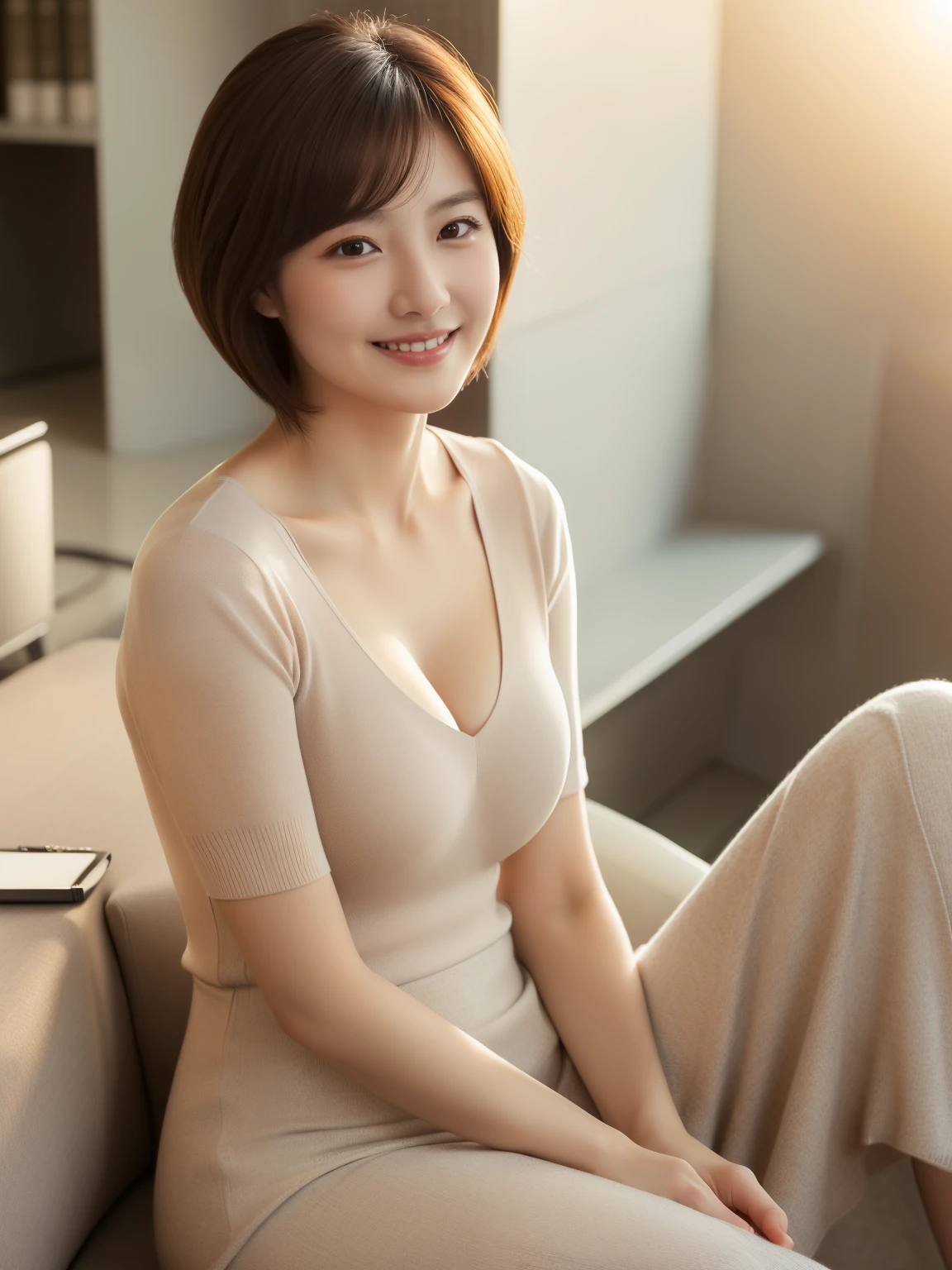 ((Best Quality))、photograph、reality、High resolution、Very detailed、Married women、Delicate features、Short Hair、Realistic background and accessories、Soft Breast、Smile、Short sleeve knit、((Indirect lighting only))、((重く垂れたSoft Breast))、Office、Sitting cross-legged,Long skirt、Wide angle、Wide cleavage、