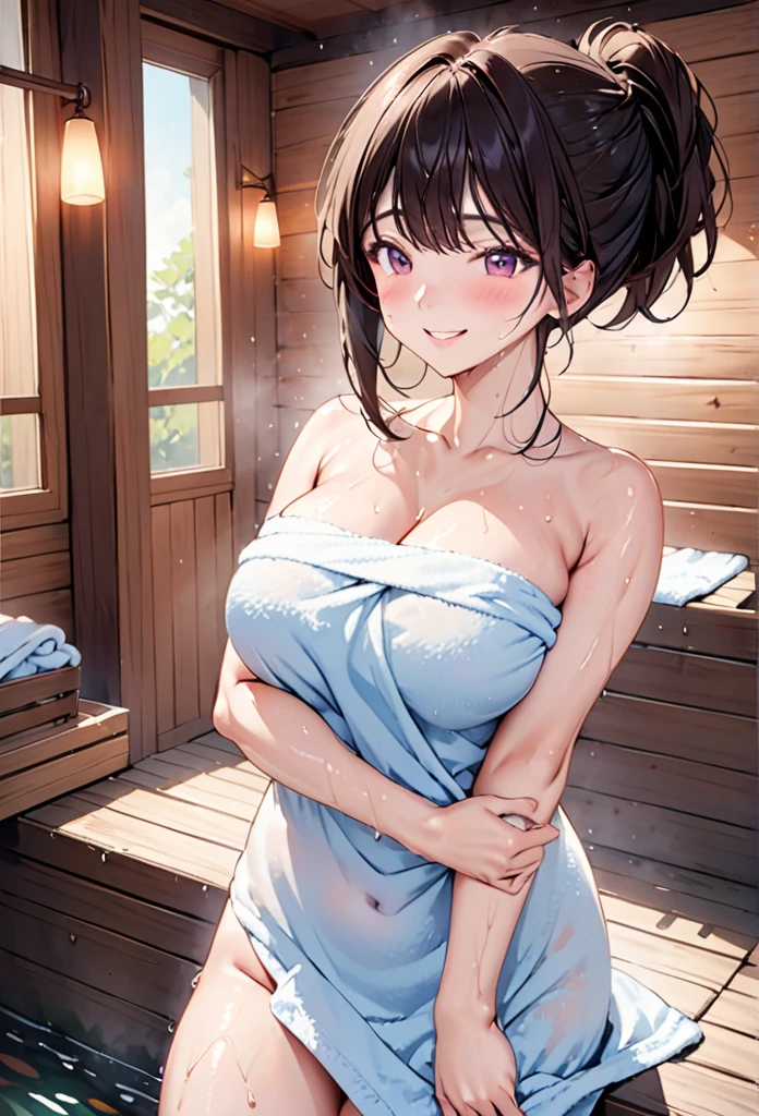 pretty girl、Large Breasts、g-cup、Wrap a bath towel around your body、Random hairstyle、Random Pause、Blushed、shy、smile,sauna、超High resolution, Textured skin, High resolution, masterpiece, Anatomically correct, slender、Warm color lights、(((Sweaty)))、