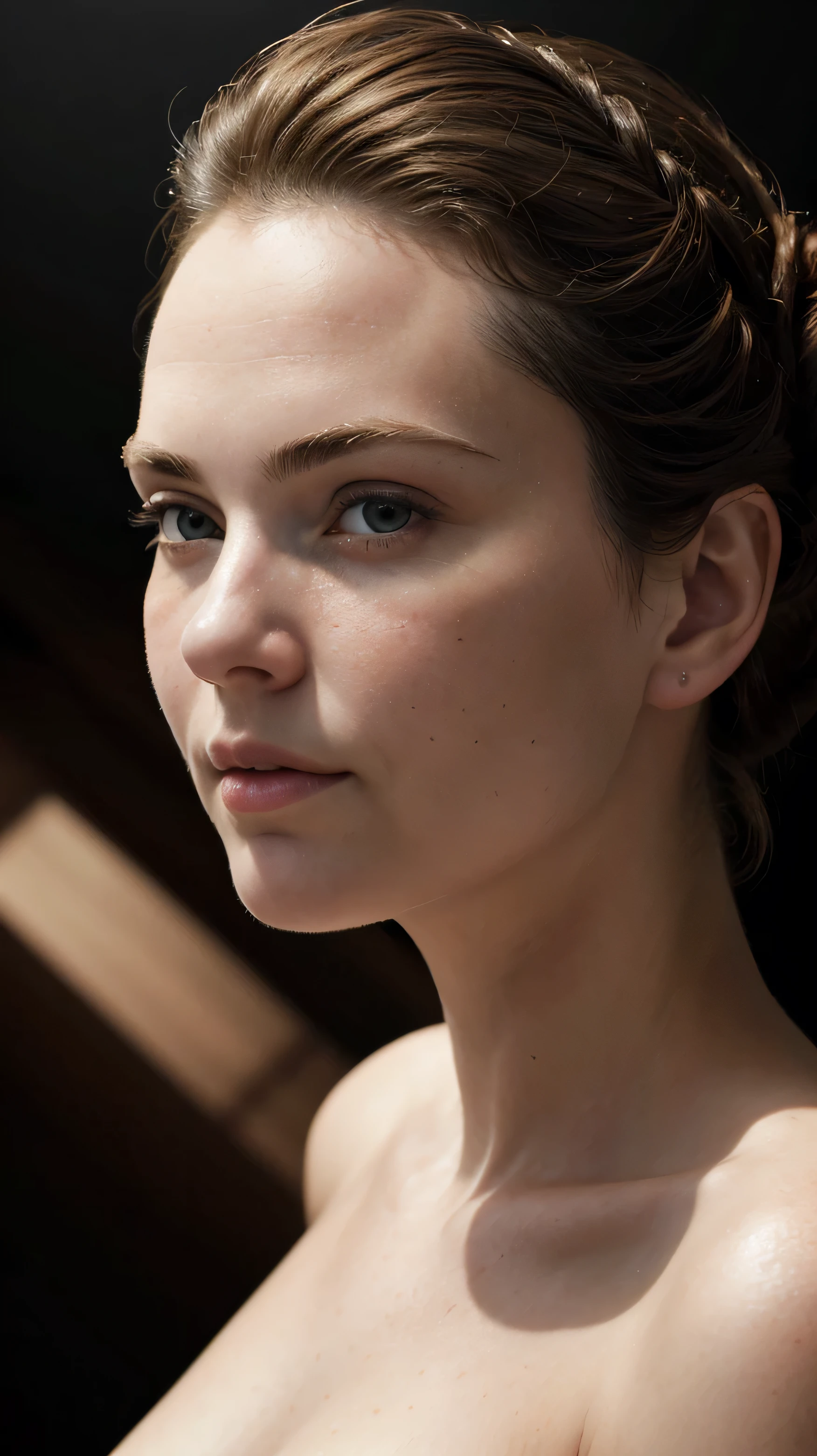 raw low-angle view, close up portrait of macela, looking at viewer, 1woman, pale skin, (round face:1.2), (curvy body:0.4), medium updo brown hair, put seductive face, extremely delicate, intricate details, vivid illumination, atmospheric depth, masterful technique, naturalistic representations, harmonious composition, creative refinement, official onlyfans, Best quality, masterpiece, ultra high res, (photorealistic:1.2),