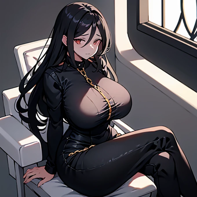 A milf with big breasts:15 and sagging hourglass hips and big ass wearing a black dress with red and black heels with a gold chain on her neck white fur and black hair red eyes looking at you in a room sitting on a chair with her legs crossed 