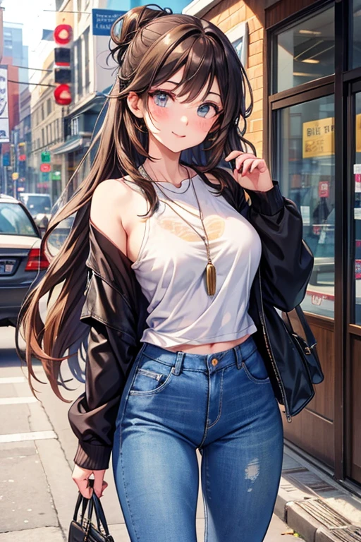 20 year old girl, anime, smiling Appearance:  Dark brown hair, long and wavy, who usually wears her hair tied in a messy bun. Your eyes are green and expressive, with long eyelashes that highlight her vivacity. She has fair skin, sprinkled with freckles on the nose. Your style is casual and practical, often wearing tight jeans, leather boots and oversized t-shirts, always accompanied by a handmade necklace he received from his grandmother.