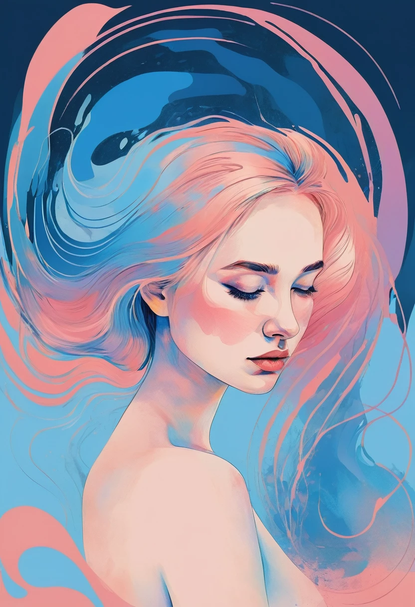 masterpiece, best quality, ultra high res, 1girl, portrait, (abstract art:1.4), (brush strokes), (colorful:1.1), bleeding blue, gradient blue theme, nude girl, minimalistic illustration, smooth skin, graceful pose, elegant curves, delicate features, soft lighting, pastel colors, highres, psychological depth, emotional expression, subtle details, fine artistry, minimalist background, intimate atmosphere, ethereal beauty, artistic form, timeless masterpiece, fluid lines, creative composition