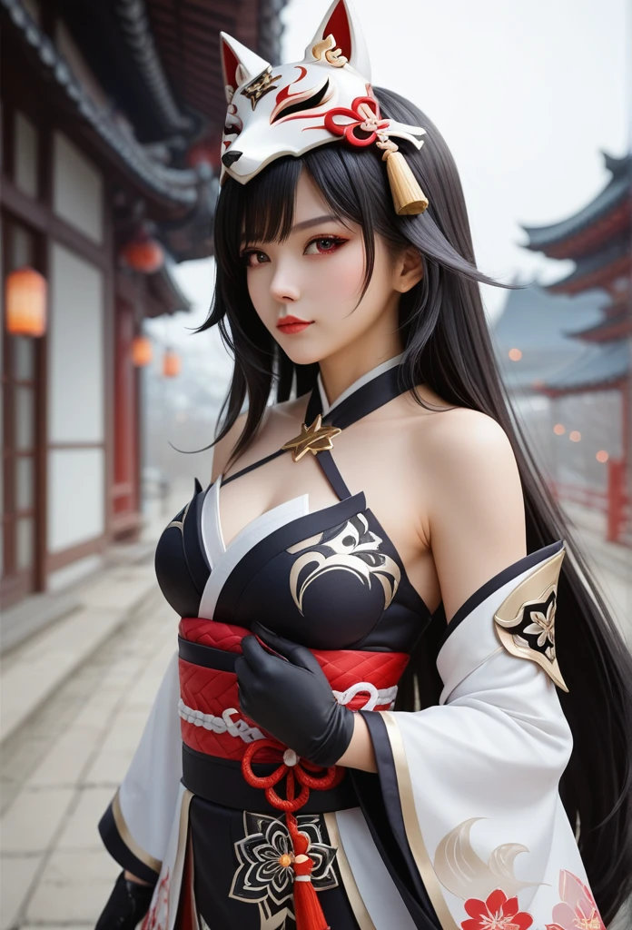 Long-range view, 1 girl,(sparkle \(honkai: star rail\),1girl,Alone,gloves,mask,japanese clothes,black gloves,bare shoulders) Long hair, Bangs between the eyes, straight hair, รอยยิ้มEvil, Evil, Red eyes, Multiple perspective view, Personal view, Fox Mask, Mask raised above the head, Half mask,