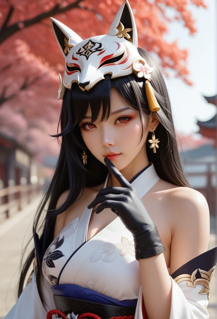 Long-range view, 1 girl,(sparkle \(honkai: star rail\),1girl,Alone,gloves,mask,japanese clothes,black gloves,bare shoulders) Long hair, Bangs between the eyes, straight hair, รอยยิ้มEvil, Evil, Red eyes, Multiple perspective view, Personal view, Fox Mask, Mask raised above the head, Half mask,