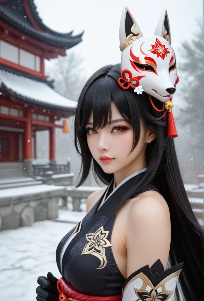 Long-range view, 1 girl,(sparkle \(honkai: star rail\),1girl,Alone,gloves,mask,japanese clothes,black gloves,bare shoulders) Long hair, Bangs between the eyes, straight hair, รอยยิ้มEvil, Evil, Red eyes, Multiple perspective view, Personal view, Fox Mask, Mask raised above the head, Half mask,