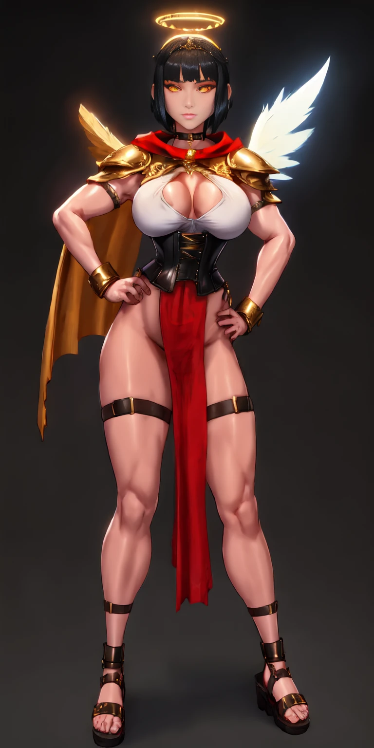 (Black background) paladin lady in ornate golden armor, black collar, pauldrons, breastplate, leather corset, glowing halo, short bob hair style, yellow glowing eyes, bright pupils, eye focus, red cape (full body, whole body, 1solo girl) fighter, loincloth standing, hands on hips, metal sandals, leather choker, big belt, view from below, feet together, bracers, tiara, feathers angel wings