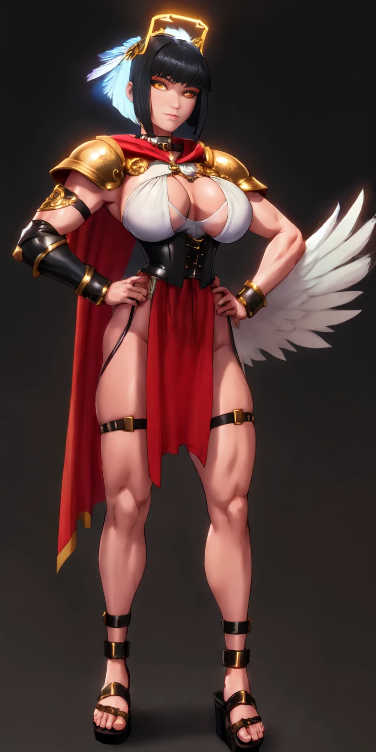 (Black background) paladin lady in ornate golden armor, black collar, pauldrons, breastplate, leather corset, glowing halo, short bob hair style, yellow glowing eyes, bright pupils, eye focus, red cape (full body, whole body, 1solo girl) fighter, loincloth standing, hands on hips, metal sandals, leather choker, big belt, view from below, feet together, bracers, tiara, feathers angel wings