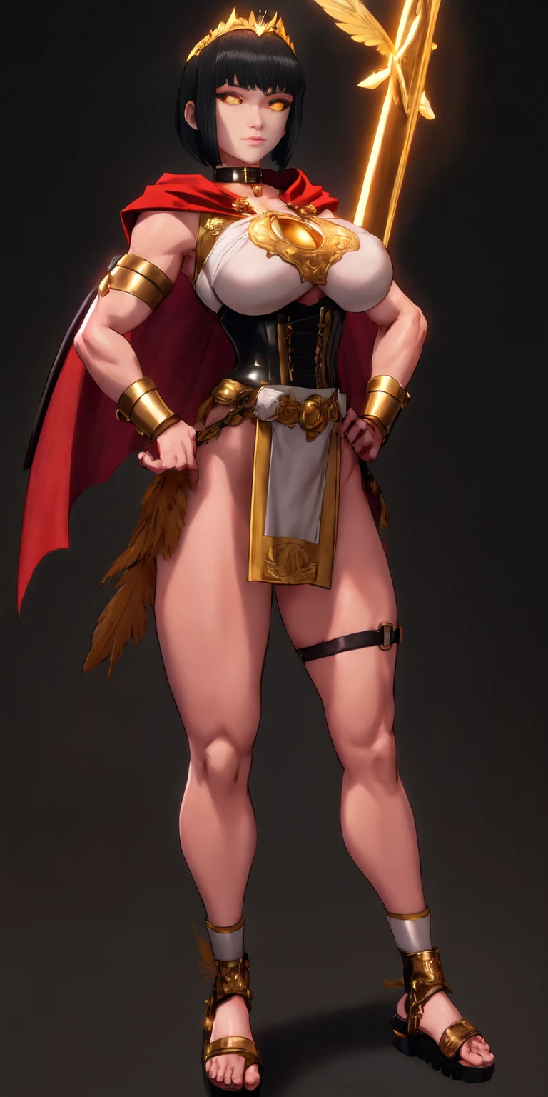 (Black background) paladin lady in ornate golden armor, black collar, pauldrons, breastplate, leather corset, glowing halo, short bob hair style, yellow glowing eyes, bright pupils, eye focus, red cape (full body, whole body, 1solo girl) fighter, loincloth standing, hands on hips, metal sandals, leather choker, big belt, view from below, feet together, bracers, tiara, feathers angel wings