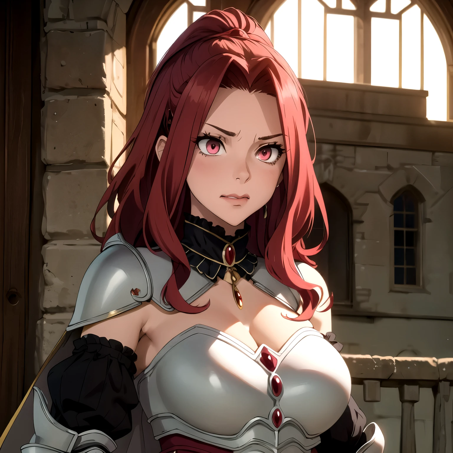 My Sophia, Single woman, red hair, pink eyes, Big breasts, , shocked and embarrassed mouth open., wearing low-cut armor against a castle. Sharp eyes. 1 woman only.