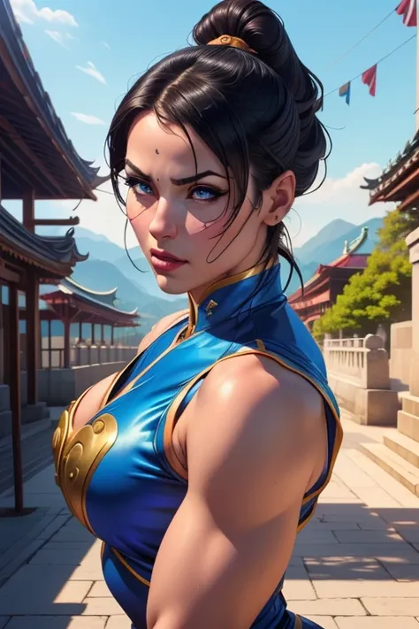 1girl, chun li, blue short qipao, fighting pose, full body, athletic build, large bust, buddhist temple background, street fight...