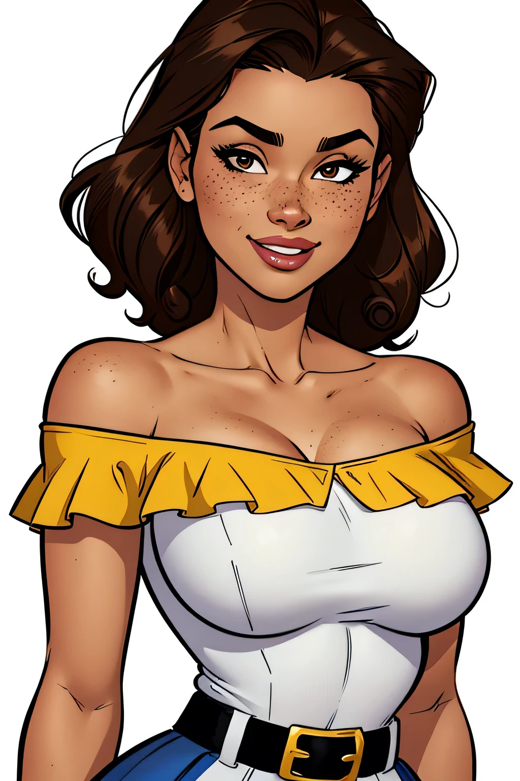 Thin woman, age 25, 4K (High definition), beautiful smile, seducing gaze, eyes browns, wearing a yellow boat neck t-shirt ((sleeveless)), arms positioned at the side of the body, pele caucasiana, shoulder-length straight black hair, upper body, curvy with freckles on her chest and neck, round breasts. High-quality Marvel style, white background.