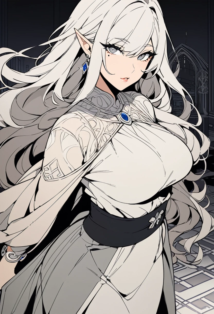 solo, ((waist-length art)), bottom, flat color, dark theme, night, 1 woman, (mature woman: 1.5), (girl's friendly face), elf_ear, mole under eye, ((( Long wavy white hair ))), detailed eyes, (((gray eyes))), (female: 1.5), fantasy clothes, white blouse, long shimmering floor-length skirt, plump lips, medium breasts, (milf), elf with silver jewelry, looking at viewer, adult woman, cowboy shot