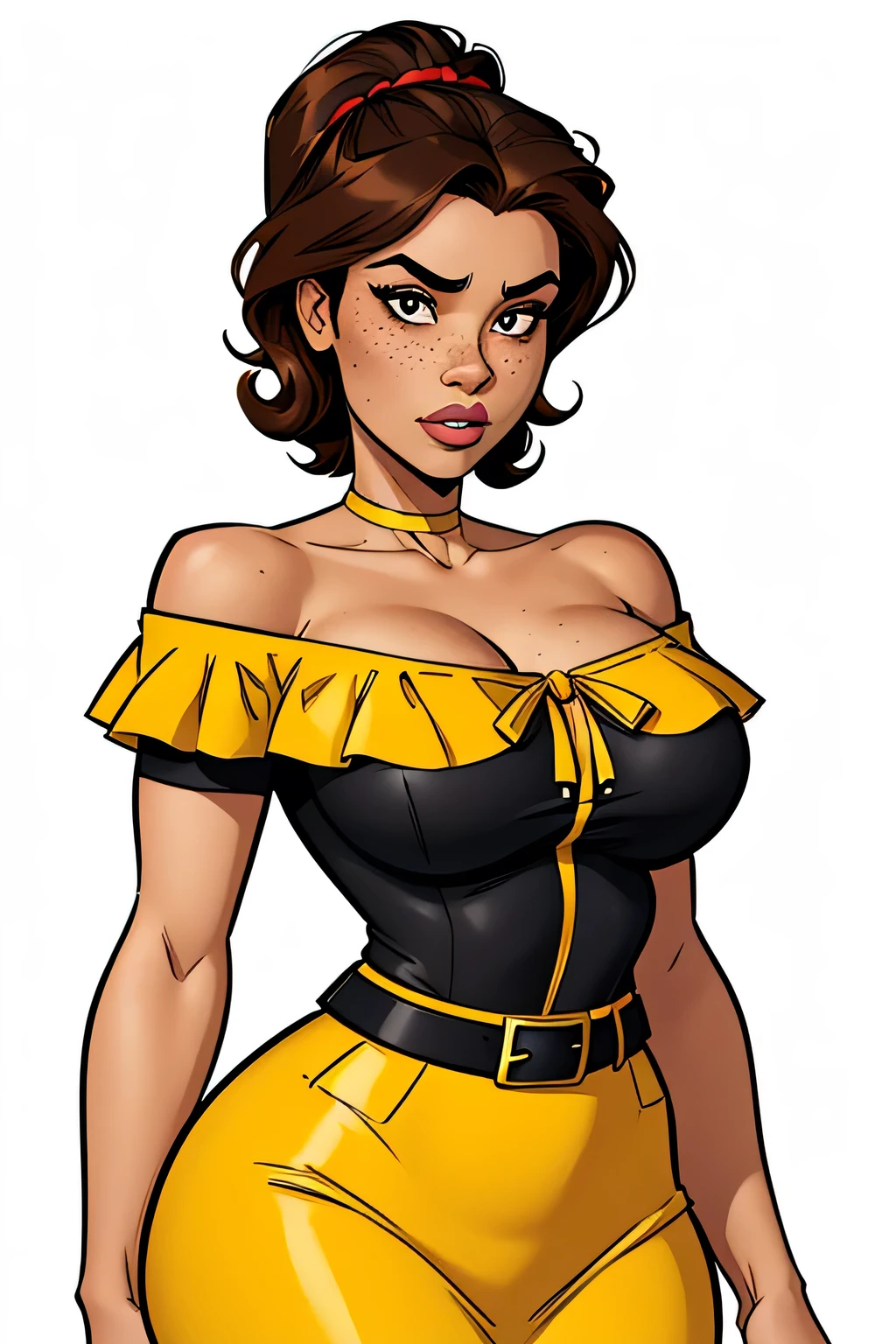 Thin woman, age 25, 4K (High definition), beautiful smiling, seducing gaze, eyes browns, wearing a yellow dress (com zipper lateral) and short sleeves, arms positioned at the side of the body, brown skin, curly black hair to the shoulders, standing (upper body), full of curves with freckles on her chest and neck, round breasts. High-quality Marvel style, white background.
