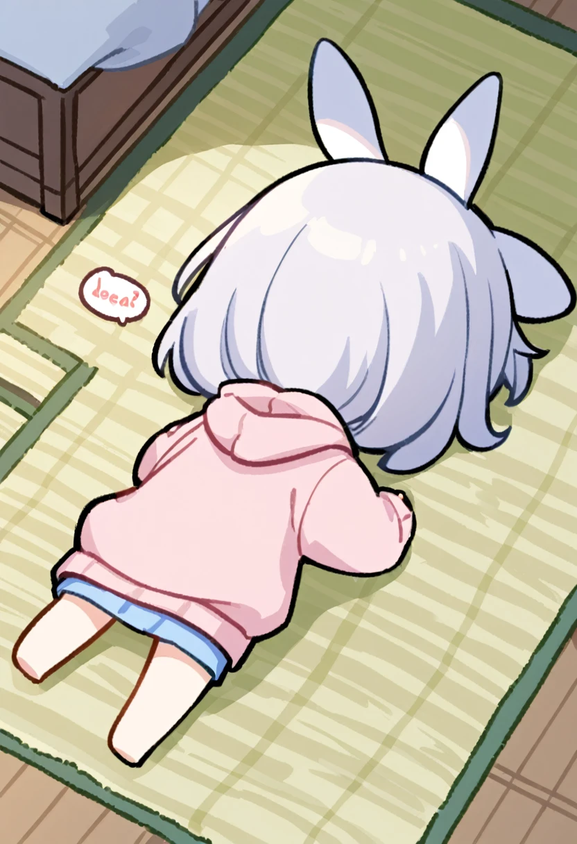 chibi,prone, sprawled out,full body,From above, a Japanese-style room, a girl wearing a hoodie, a hood with rabbit ears, lying on a tatami mat, sleeping, back of head, relaxed, Does it look dead?