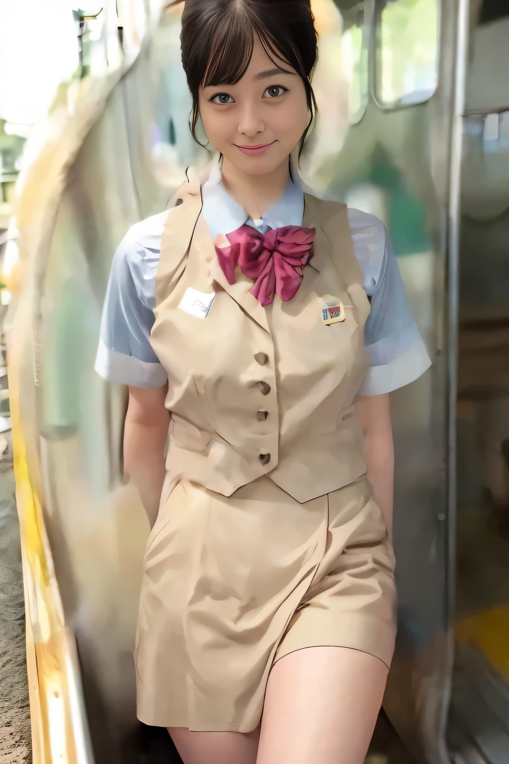 (masterpiece:1.2, Best Quality:1.2), 32K HDR, High resolution, (Alone、1 girl)、（On the roof of a building during the day、Professional Lighting）、Building rooftop background、（Real style of JR Woman wearing train crew uniform beige）、（（JR Female Train Crew Uniform Beige Light Blue Blouse Short Sleeve 、 Knee-length culottes skirt、Beige vest、scarf））、Dark brown hair、（Long Hair、Hair tied up、Hair tied up）、Dark brown hair、Long Shot、Big Breasts、Thin legs、（（Great hands：2.0）），（（Harmonious body proportions：1.5）），（（Normal limbs：2.0）），（（Normal finger：2.0）），（（Delicate eyes：2.0）），（（Normal eyes：2.0））)、smile、（JR Woman Train crew uniform beigeのKnee-length culottes skirtを見せた美しい立ち姿）、Hands down