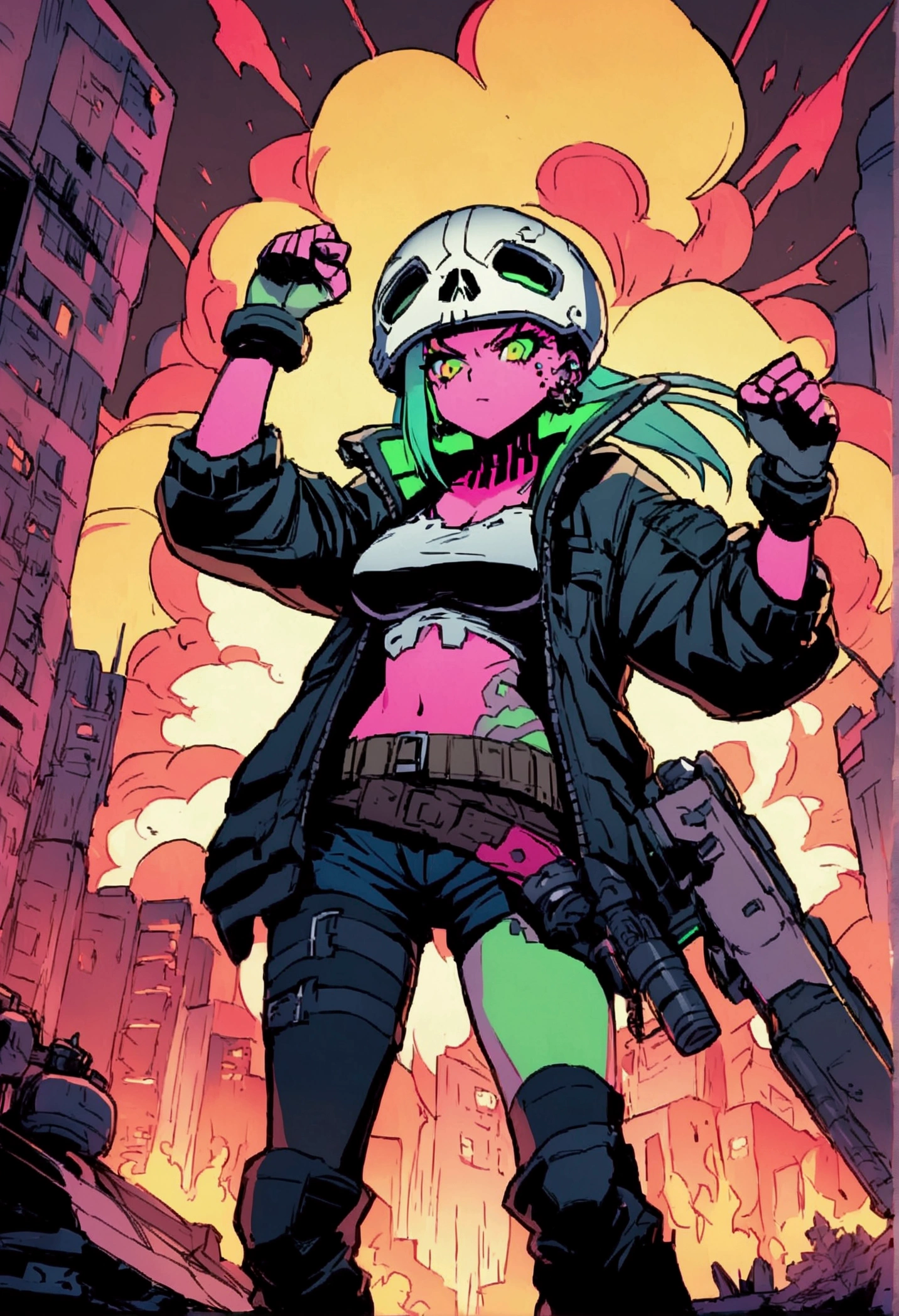 plano general, whole body,A post-apocalyptic warrior, anatomically correct:1.4, a 35-year-old woman almost naked in the Simon Bisley style for the cover of Heavy Metal magazine, red leather top, half black half white, minimal clothing, Short clothes, detailed face and body, dramatic lighting, vibrant colors, dystopian, sandy, cinematographic, Masterpiece, hyper detailed, ultra realistic, 8k, Very detailed