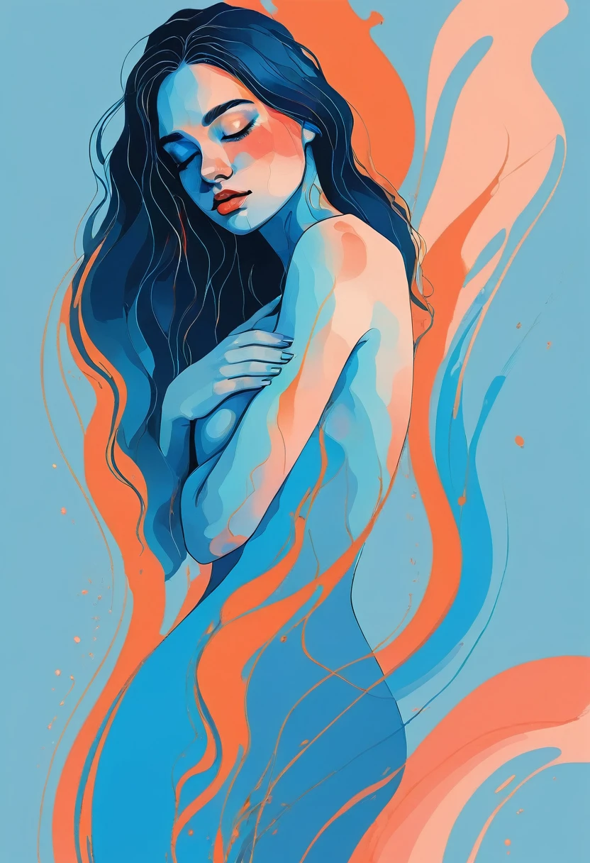 masterpiece, best quality, ultra high res, 1girl, portrait, (abstract art:1.4), (brush strokes), (colorful:1.1), bleeding blue, gradient blue theme, nude girl, minimalistic illustration, smooth skin, graceful pose, elegant curves, delicate features, soft lighting, pastel colors, highres, psychological depth, emotional expression, subtle details, fine artistry, minimalist background, intimate atmosphere, ethereal beauty, artistic form, timeless masterpiece, fluid lines, creative composition