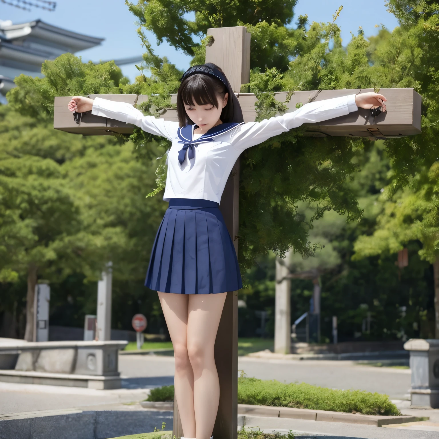 Highest quality,masterpiece,Ultra-high resolution, Very detailed, 8k,(Beautiful woman),Beautiful 2 Japanese woman:1.5,Black Hair、((Crucifixion)),torture,slave,((クロスにCrucifixionにされた女性:1.5)),Crucifixion刑, Type X, (nude, Plump, Slightly thicker)