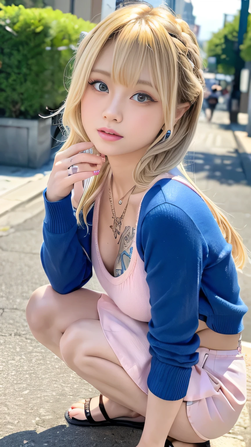 fleshglossy japanese gal, ahegao, blonde short hair, highschool student, peace sign by 2 hands, Award-winning photo, Very detailed, rolling eye, Face Focus, Mouth open, spread legs, Realistic nostrils、Elongated C-shaped nostrils,(Wet and shiny tongue),abs, in classroom, (((from above))),Browsing Caution,