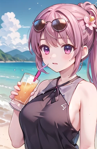 (masterpiece, best quality),(grainy:0.8), (ultra realistic:0.8), (extremely detailed:1.2), perfect anatomy, BREAK girl, sunglasses, reflection on sunglasses, eyes under sunglasses, (drinking soda:1.2), ponytail, hair flower accessory, BREAK detailed summer dress, BREAK beach background, ((large breasts)),大きい胸、