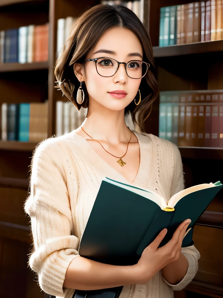   (8k, RAW photo, best quality, masterpiece), (photo realistic), outstanding details, ultra-high resolution, anatomically correct, textured skin, 

A female librarian arranging books in the library, A cute 30-year-old Japanese woman, 

(Downturned Eyes:1.6), pupils sparkling, Cute and small duck mouth, small and cute nose, thin lips, thin eyebrows, 
dark brown hair, short hair, (lower chignon), Forehead, 
beautiful Earrings, Necklace, half rim glasses,

(background Spacious library interior, bookshelves), 
atmospheric perspective, depth of field, 
(backlighting), 
reflection light from below, 
(dramatic lighting), cinematic lighting,  animated expression,