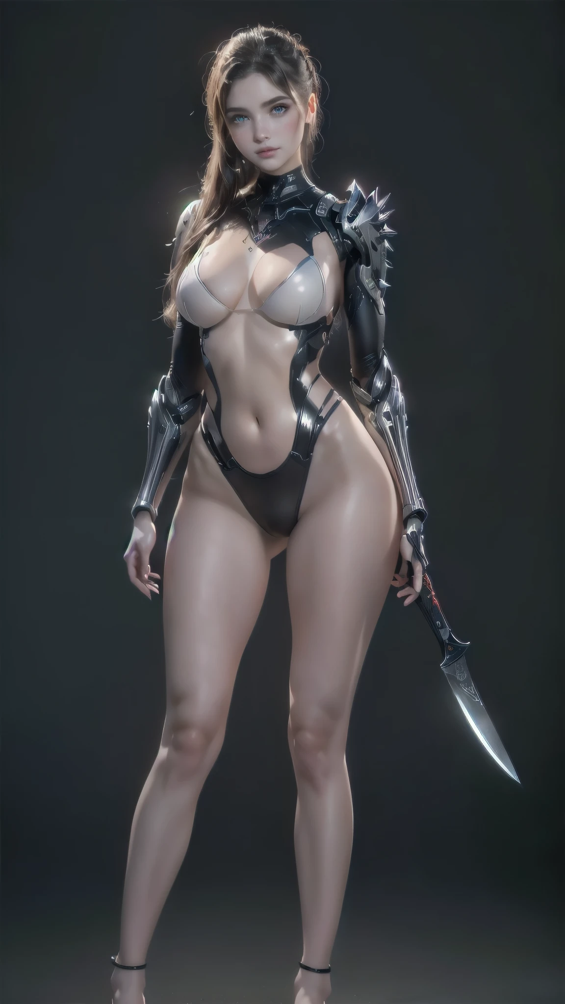 a woman in a wetsuit standing on the street with a knife, shiny skin wlop, photo of the body of the cinematic goddess, gynoid body, warframe smooth thick thighs, of a beautiful female warframe, detailed full body concept, detailed body, hyper-detailed full body photo, gynoid cyborg body, perfect photorealistic body, the character is in his natural pose