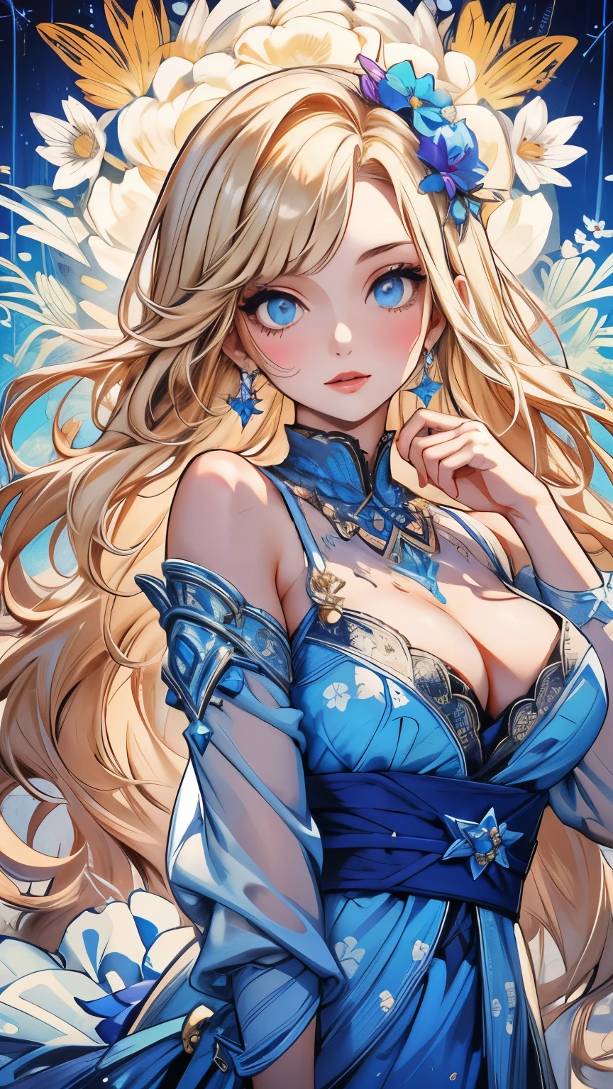 (masterpiece, High resolution, Best Quality, Official Art), Detailed artwork, One young beautiful woman, Big Breasts, Silver blonde medium long, Beautiful blue eyes,  (Glowing Skin), Lace dress, (colorful:1.2), (Floral:1.2), Earrings, Off the shoulder,  It is surrounded by colorful flowers,  Vibrant colors, The wind blows, Hair floats up, ((Fractal Art:1.2)), Absurd, Unreal, 