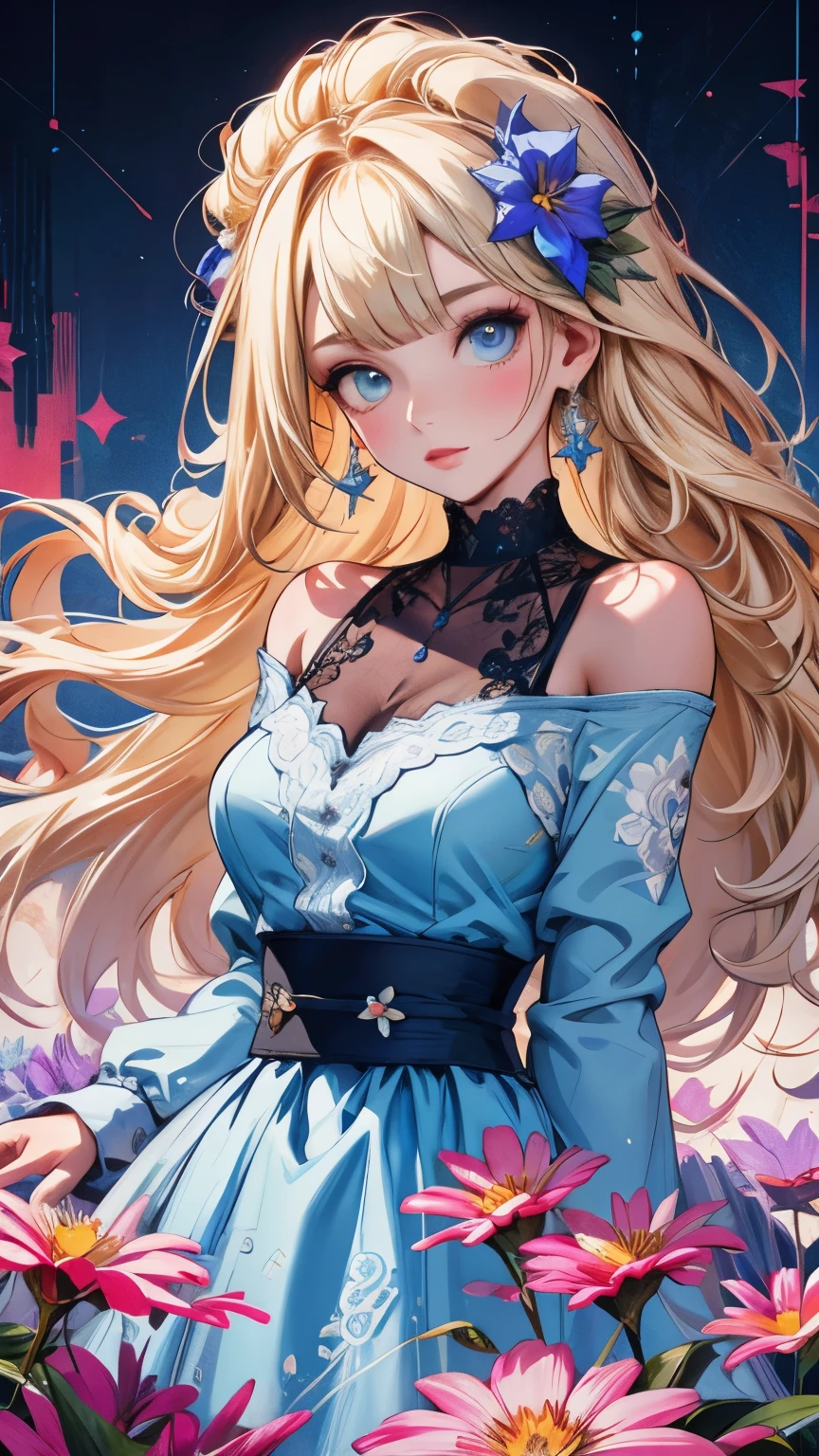 (masterpiece, High resolution, Best Quality, Official Art), Detailed artwork, One young beautiful woman, Big Breasts, Silver blonde medium long, Beautiful blue eyes,  (Glowing Skin), Lace dress, (colorful:1.2), (Floral:1.2), Earrings, Off the shoulder,  It is surrounded by colorful flowers,  Vibrant colors, The wind blows, Hair floats up, ((Fractal Art:1.2)), Absurd, Unreal, 