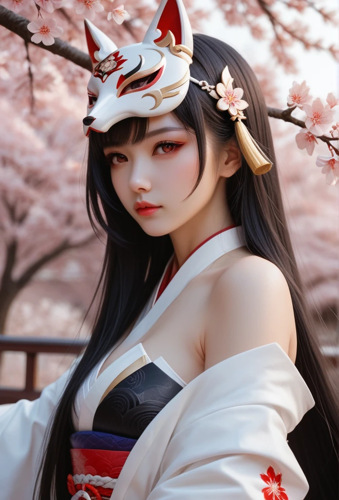 Long-range view, 1 girl,(sparkle \(honkai: star rail\),1girl,Alone,mask,japanese clothes, dark tone,bare shoulders) Long hair, Bangs between the eyes, straight hair, รอยยิ้มEvil, Evil, Red eyes, Multiple perspective view, Personal view, Fox Mask, Mask raised above the head, Half mask, Cherry blossom trees with cherry blossoms at night, 