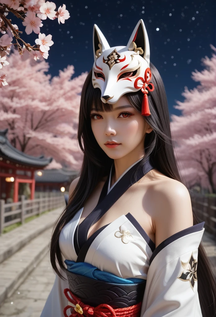 Long-range view, 1 girl,(sparkle \(honkai: star rail\),1girl,Alone,mask,japanese clothes, dark tone,bare shoulders) Long hair, Bangs between the eyes, straight hair, รอยยิ้มEvil, Evil, Red eyes, Multiple perspective view, Personal view, Fox Mask, Mask raised above the head, Half mask, Cherry blossom trees with cherry blossoms at night, 