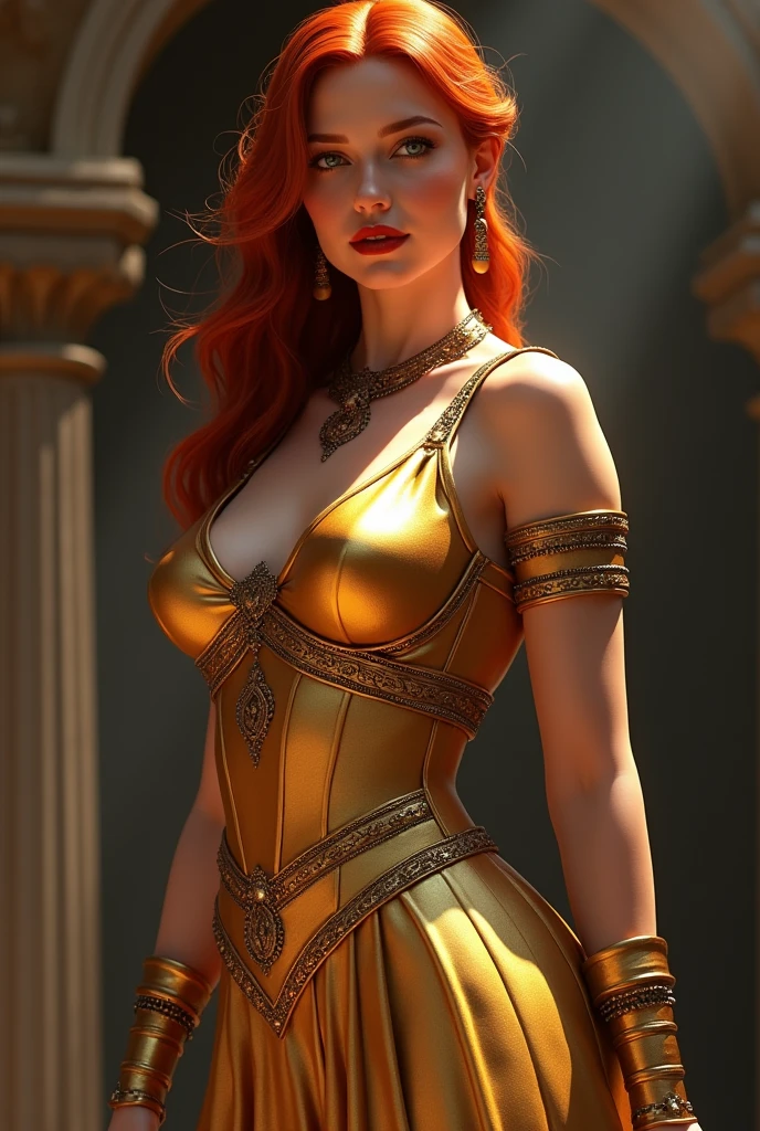 A beautiful woman with fiery red hair, bright yellow eyes, an angelic face, and a wonderful body, wearing (an elegant dress:1.2), (dramatic lighting:1.1), (CGI,3D render:1.2), (fantasy,enchanting:1.2), (highly detailed facial features:1.3), beautiful detailed eyes, beautiful detailed lips, extremely detailed eyes and face, long eyelashes, (intricate skin texture:1.2), (glowing skin:1.1), (dynamic pose:1.2), (dramatic atmosphere:1.2), (vibrant colors:1.3), (cinematic composition:1.2), (photorealistic:1.4), (best quality,4k,highres,masterpiece:1.2),ultra-detailed,(realistic,photorealistic,photo-realistic:1.37)