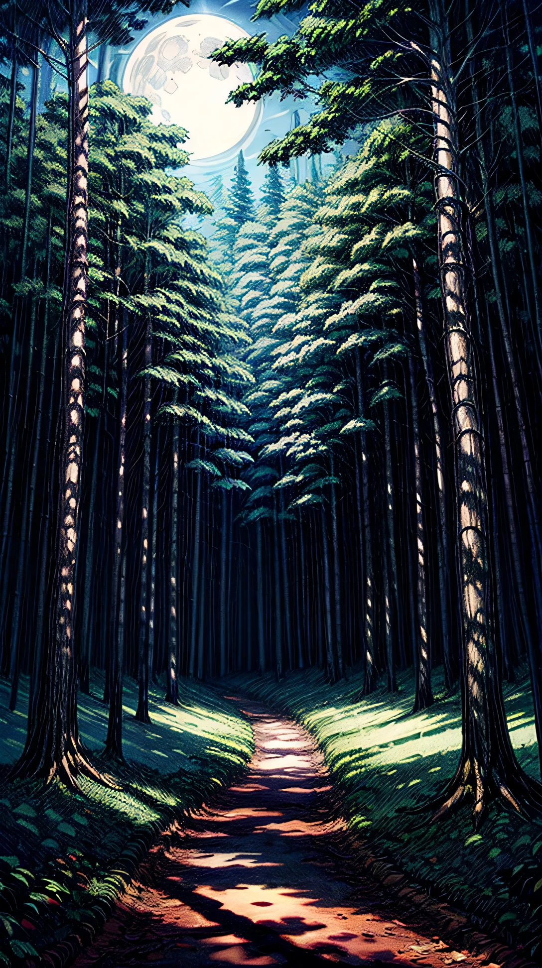 A dense forest with trees casting long shadows under the bright light of a full moon. The soft rustling of leaves creates a calming ambiance.
