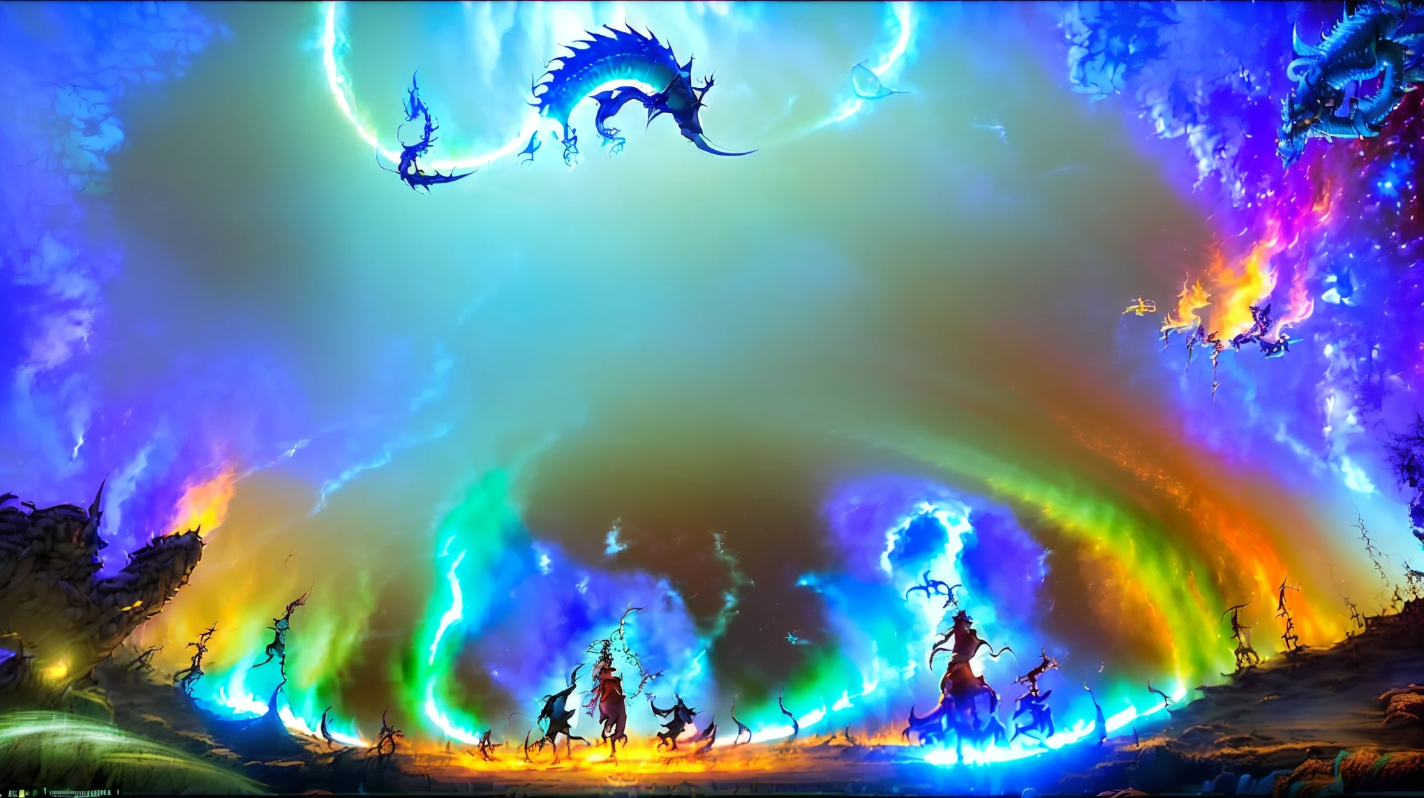 Create an ultra-wide-angle macro scene illustration,Show(8 unique Centaurs,Centaur:9)Princess,They each have their own unique colors and styles.: 1. (Angel-like Centaur with snow-white wings:6)Radiant,2. (Red flame burning style centaur:6)She is surrounded by flames,Like a nightmare,3.(Fairy-style centaur surrounded by cyan clouds:6)Dancing in the air,4. (Unicorn style centaur)Thunder Flash,5. (Iron Woman-like mechanical Centaur:6),6. (Oriental dragon style centaur in dragon scale leather tights:6)With dragon horns,7. (Elegant, agile and slender elven-style centaur:6)Wearing a crown and sticking up long pointed ears,8. (Tiefling Succubus-style Centaur:6)Enchanting and seductive。(Use masterful geometric composition to divide the picture into multiple spaces,Make each space correspond to a female centaur character:9),Overlapping composition、Advanced techniques such as nesting,Clear scene segmentation,Each character has its own style。The overall style combines realism、Surrealism、Baroque、Ghibli、Aesthetic elements。Leveraging Midjourney Tools,Design unique props for characters、Clothing and characteristics,Enhance personality and visual appeal。Scene contains sky、rainbow、Aurora and landmarks,Mount Everest,and natural and urban elements,Create a magical atmosphere。The characters(Realistic details:9),(Diversify their various styles including hairstyles、Racial traits、posture、Clothing and Textures:9)。Fusion of various art styles,add a sense of dynamism,Improve visual experience。The goal is to create the best quality、Masterpiece illustrations with a realistic feel,Use HDR to enhance realism。