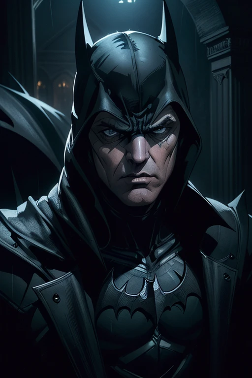 a highly detailed and cinematic portrait of Michael Keaton as Batman, dark and moody Gotham City setting, retro gothic style, chiaroscuro lighting, dramatic shadows, weathered textures, intricate details, cinematic composition, dramatic pose, intense facial expression, penetrating gaze, mesmerizing colors, somber and brooding atmosphere, 8k, photorealistic, masterpiece