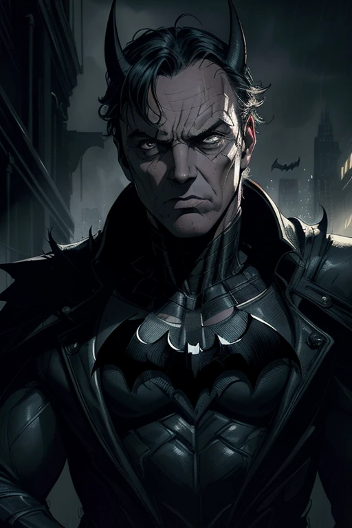 a highly detailed and cinematic portrait of Michael Keaton as Batman, dark and moody Gotham City setting, retro gothic style, chiaroscuro lighting, dramatic shadows, weathered textures, intricate details, cinematic composition, dramatic pose, intense facial expression, penetrating gaze, mesmerizing colors, somber and brooding atmosphere, 8k, photorealistic, masterpiece