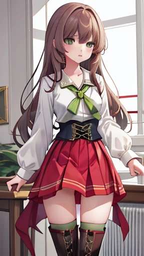 duvaliecsiv, 1girl, solo, hair down, long hair, long sleeves, white shirt, corset,  green ribbon, school uniform, collared shirt, red skirt, pleated skirt, boots, thighhighs, thigh boots, zettai ryouiki, cross-laced footwear,大きい胸